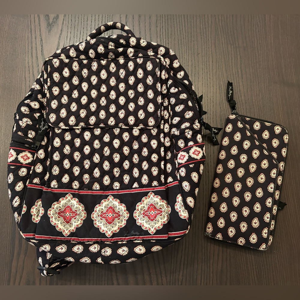 BUNDLE: Vera Bradley Backpack and Travel Wallet (Retired Classic Black Print)